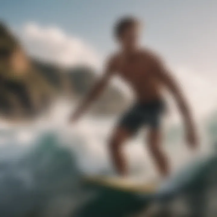 A surfer catching a wave while wearing stylish shorts