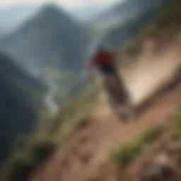A breathtaking aerial shot of a mountain biker soaring over a rugged terrain