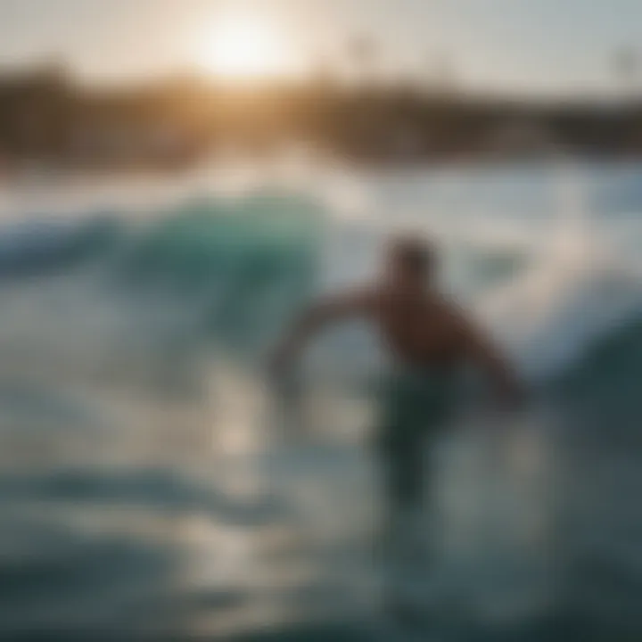 A vibrant wave pool bustling with enthusiasts enjoying the surf experience.