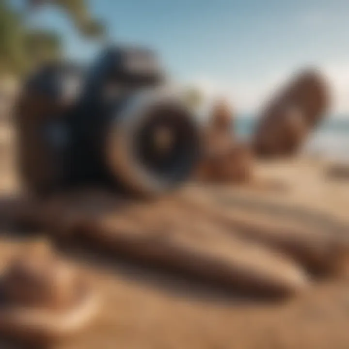 Close-up of carving gear and equipment on the beach