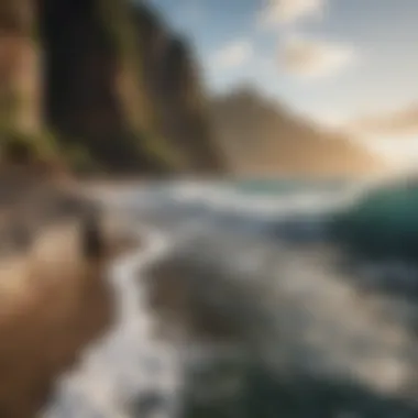 Scenic view of Oahu's coastline with surfers in the distance