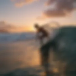 Surfer carving through the waves at sunset