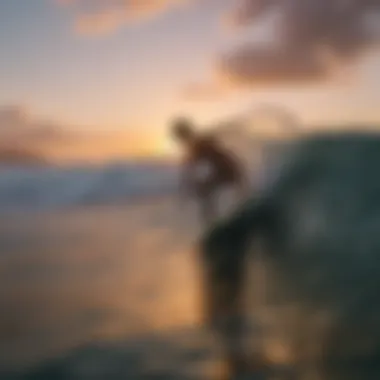 Surfer carving through the waves at sunset