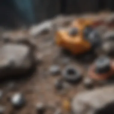 Essential Climbing Equipment An intricate close-up of specialized climbing gear laid out on a rocky surface