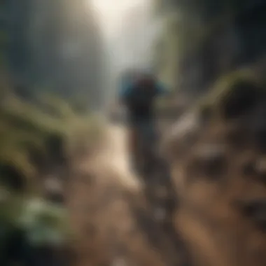 Mountain Biking Adventure A breathtaking view of a mountain biker navigating a steep trail.