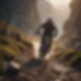 A breathtaking view of a mountain biker navigating through a rugged terrain
