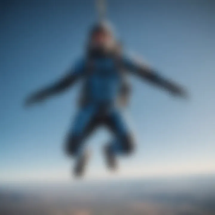 A skydiver free-falling through a clear blue sky.