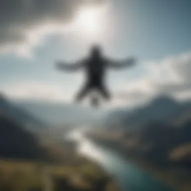 The Thrill of Skydiving A serene scene of a skydiver free-falling above a picturesque landscape