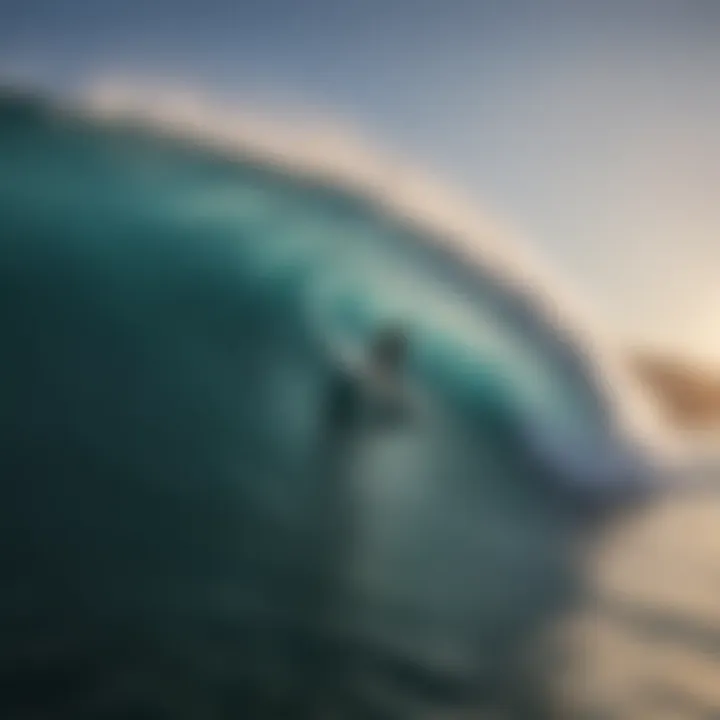 A surfer catching a massive wave at dawn.