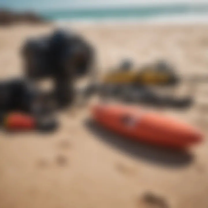 A close-up of essential water sports equipment laid out on a sandy beach, emphasizing preparation.