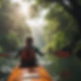 A serene view of a kayaker navigating through calm waters surrounded by lush greenery.