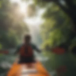 A serene view of a kayaker navigating through calm waters surrounded by lush greenery.