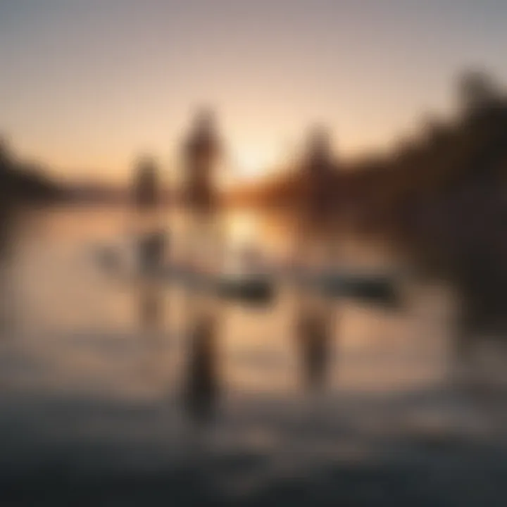 A group of friends enjoying a day of paddleboarding at sunset, highlighting camaraderie and relaxation.