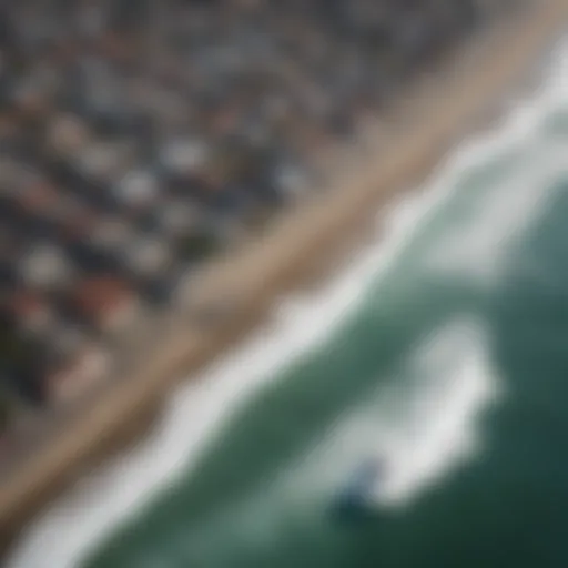 Aerial view of a coastal city showcasing surf spots and urban landscapes