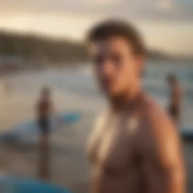 Local community gathering at a beach event promoting sustainable surfing practices