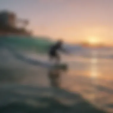 Stunning sunset view over the ocean with surfers riding the waves