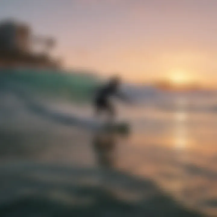 Stunning sunset view over the ocean with surfers riding the waves