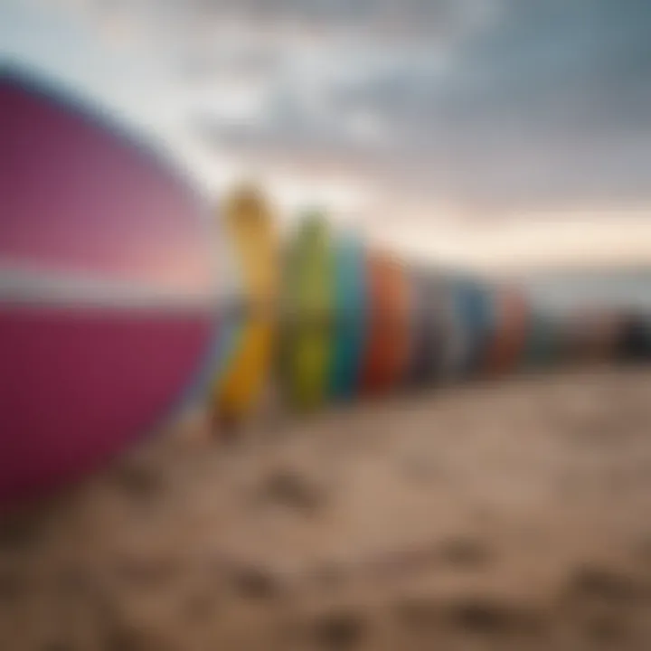 Vibrant surf culture with colorful surfboards lined up on the beach