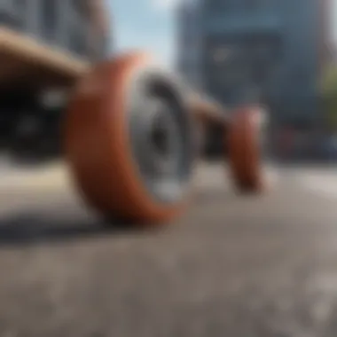 Close-up of longboard wheels on a smooth pavement