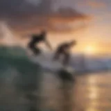 A captivating view of surfers riding the waves at sunrise.