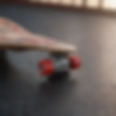 A close-up view of a small skateboard showcasing its unique design and features.