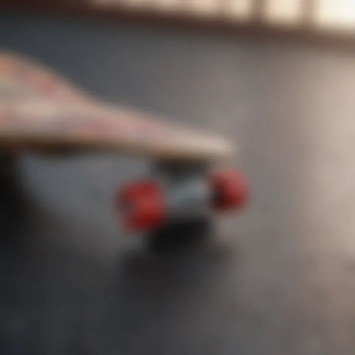 A close-up view of a small skateboard showcasing its unique design and features.