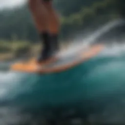 A close-up view of a hydrofoil board cutting through water.