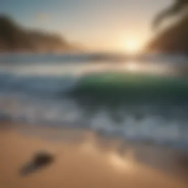 Tranquil Beach Vibes A serene beach scene with waves lapping at the shore, embodying the tranquility of surf therapy.