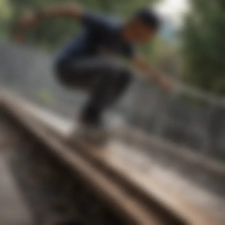 Skateboarder performing an intricate grind on a rail