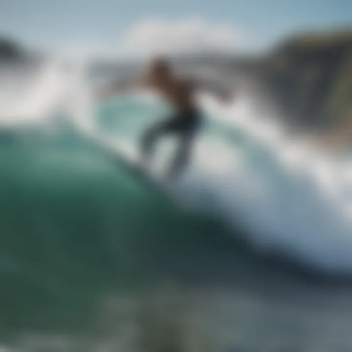 Surfers riding waves at a vibrant beach