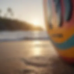 A vibrant surfboard on the beach symbolizing surf culture