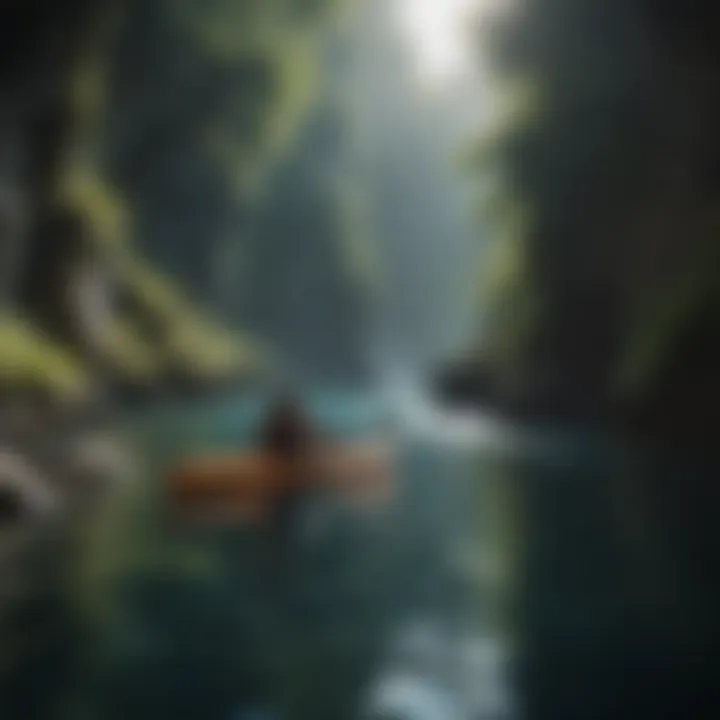 Adventurers kayaking through a tranquil, hidden cove