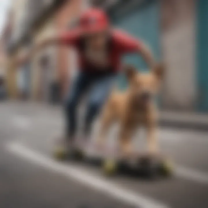 A vibrant street scene with a skateboarder and a running dog, capturing dynamic movement.