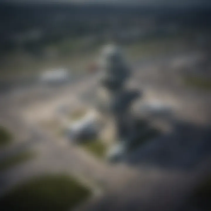 Aerial view of an airport control tower overseeing flight operations