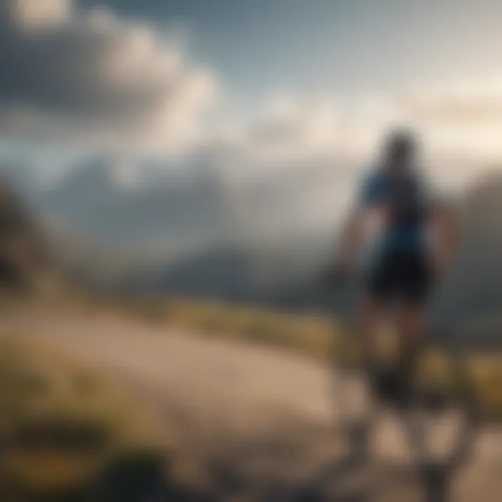 A scenic view of a cyclist overlooking a mountain landscape