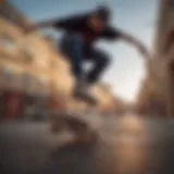 Dynamic demonstration of the ollie pop maneuver in skateboarding