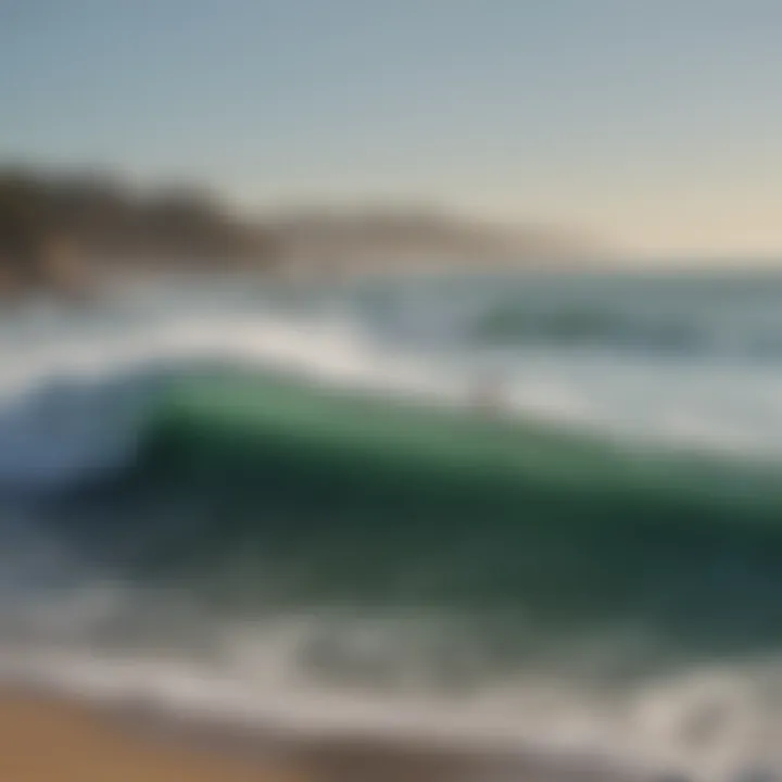 A panoramic view of Santa Cruz coastline with surfers catching waves.