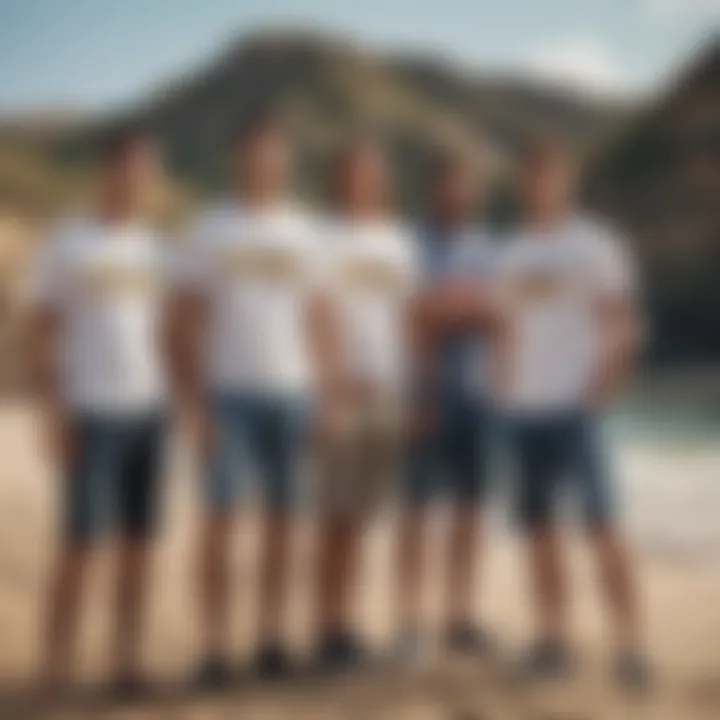 Group of friends casually dressed in Pacifico T-shirts at a beach setting