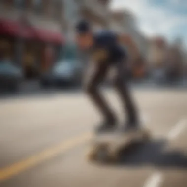 A rider demonstrating advanced techniques on a penny surfskate in an urban setting