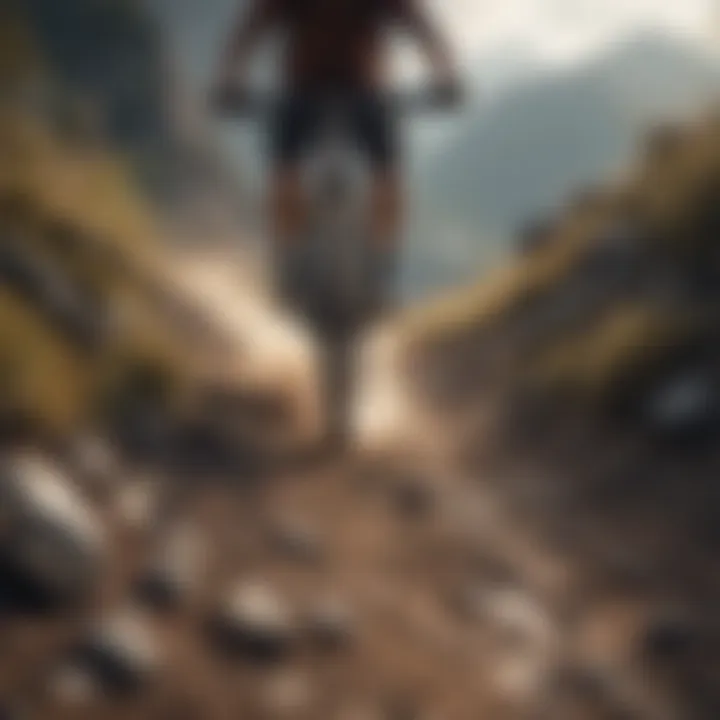 A breathtaking view of a mountain biker navigating a rugged trail