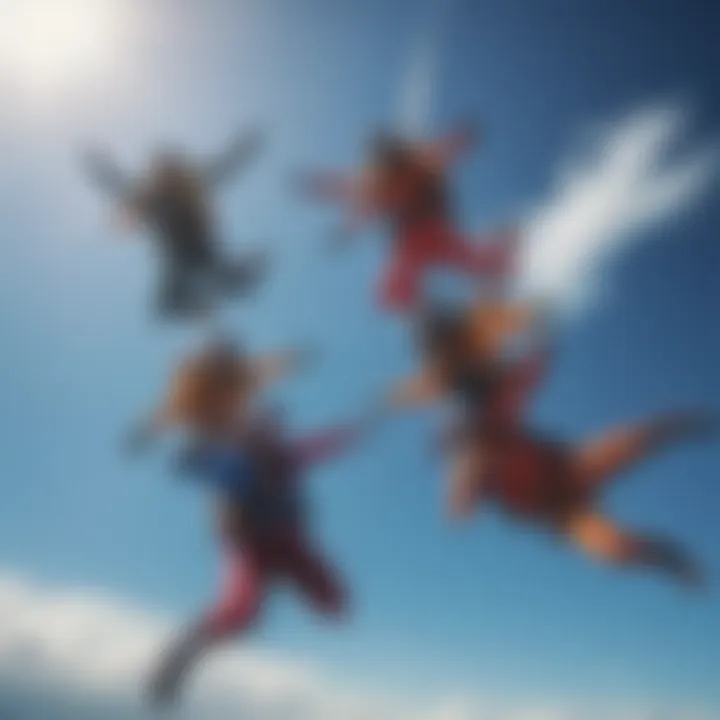 A group of skydivers in colorful suits free-falling against a blue sky