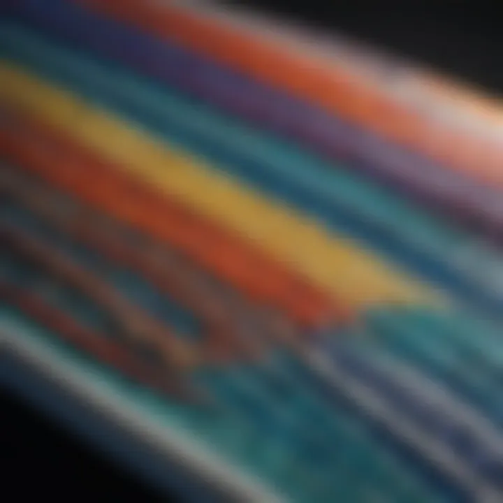 A close-up view of the intricate design on a fiberglass surfboard highlighting its vibrant colors and unique patterns.