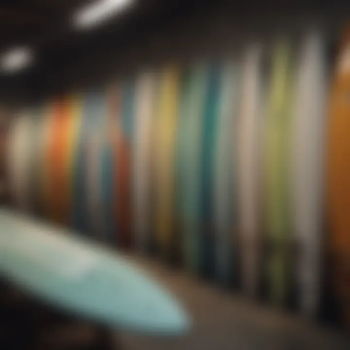 A display of different types of fiberglass surfboards in a surf shop, illustrating the range of options available to buyers.