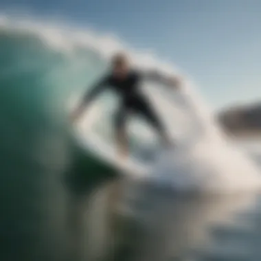 A surfer riding a wave on a fiberglass surfboard, demonstrating the board's performance and the thrill of surfing.