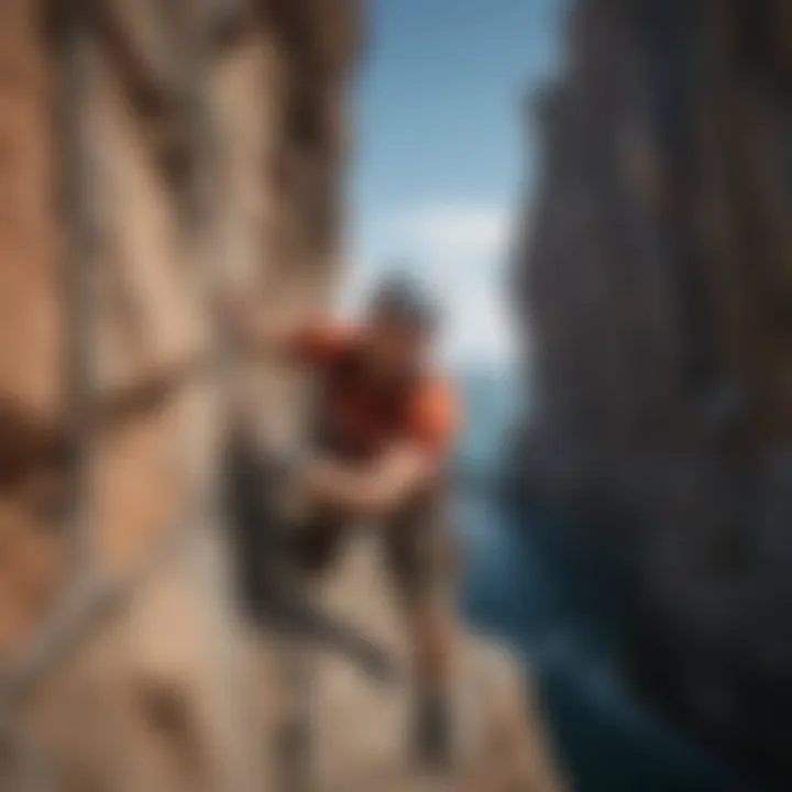 A group engaging in rock climbing against the dramatic backdrop of the coast