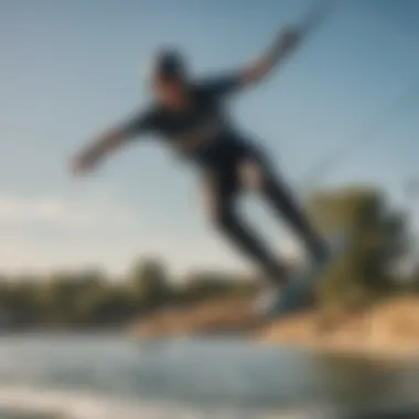 An action shot of a wakeboarder performing a trick mid-air at the park