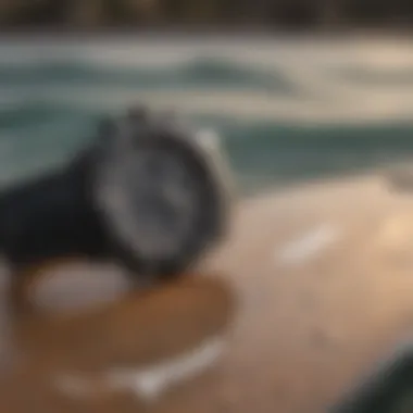 Ripcurl Rifles Tide Watch displayed on a surfboard