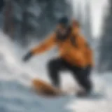 Snowboarder carving through slushy terrain.