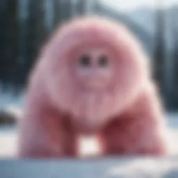 A whimsical representation of the light pink yeti in a snowy landscape.