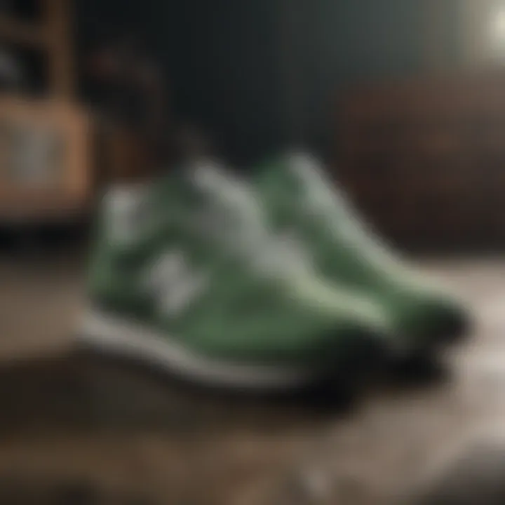 Dynamic action shot of green New Balance sneakers in use during an extreme sport